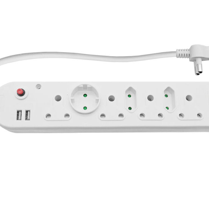 Multi Plug 4x16A 4x5A 2xUSB 0.5m Cord White